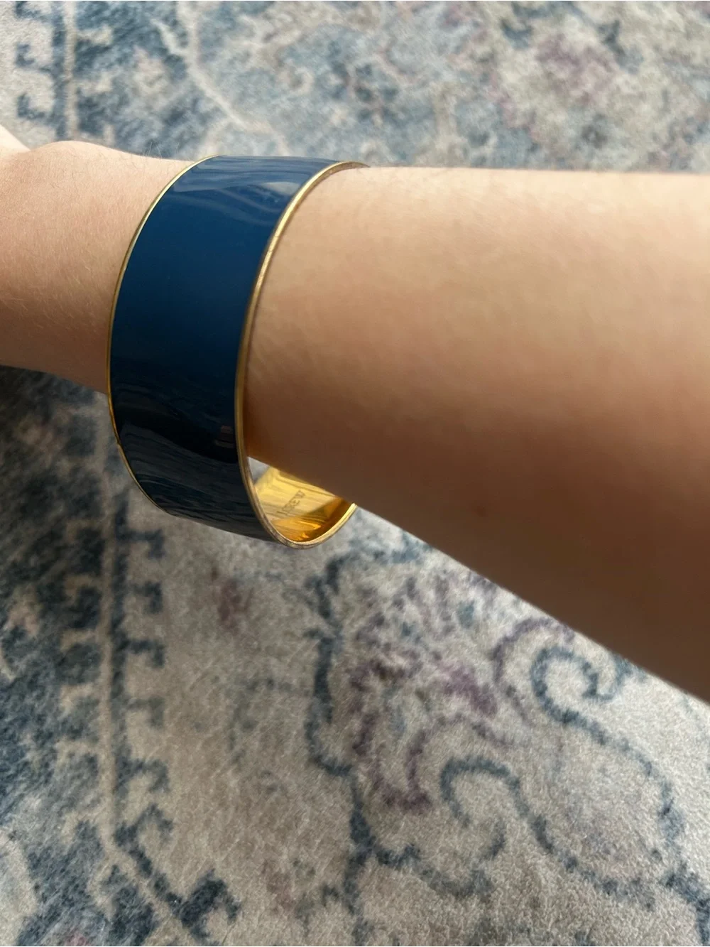Vintage J.Crew Wide Navy Blue Enamel Cuff Gold Tone Rim Bangle Bracelet